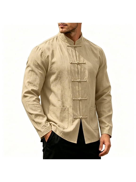 Mens Cotton Linen Tang Suit Shirt Long Sleeve Frog Button Mandarin Collar Loose Fit Casual Shirt with Pockets Khaki L