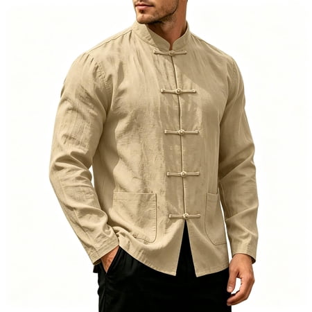 TKKCS Mens Cotton Linen Tang Suit Shirt Long Sleeve Loose Fit Frog Button Mandarin Collar Casual Shirt with Pockets Khaki S