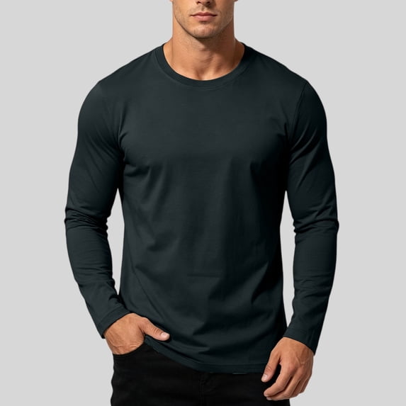TKKCS Mens Cotton Long Sleeve T Shirt Casual Wear Regular Fit Crew Neck Lightweight Base Layer Shirt Navy 5XL