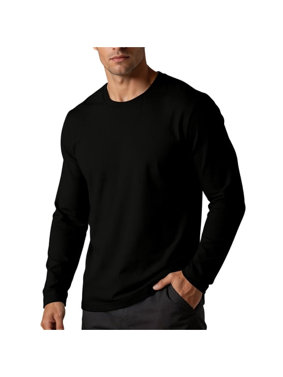 Mens Cotton Long Sleeve T Shirt- Lightweight Casual Wear Regular Fit Crew Neck Base Layer Shirt Black Size M