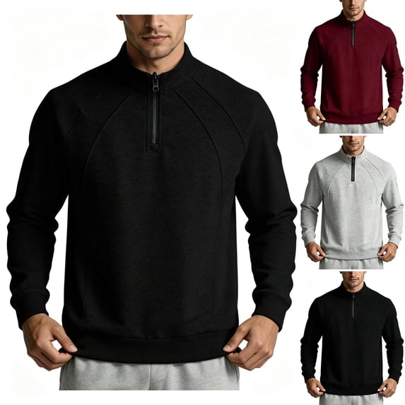 TKKCS Mens Cotton Quarter Zip Pullover Sweatshirt Long Sleeve Casual Stand Collar Loose Fit Base Top Black XL