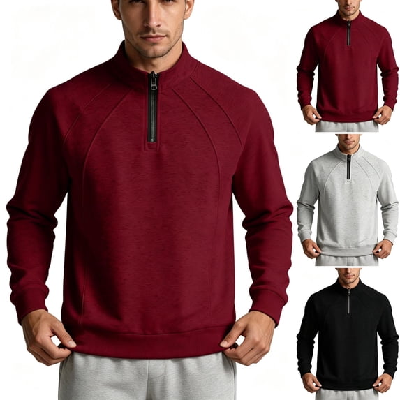 TKKCS Mens Cotton Quarter Zip Pullover Sweatshirt Stand Collar Long Sleeve Casual Loose Fit Base Top Wine M