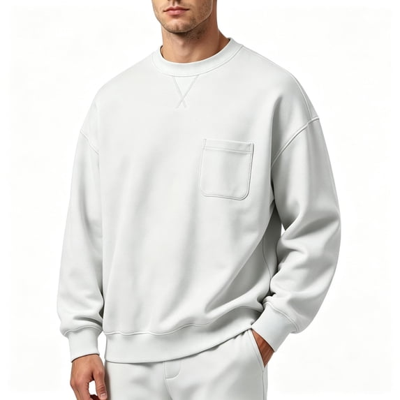 TKKCS Mens Crew Neck Sweatshirt with Chest Pocket Relaxed Fit Long Sleeve Fall Casual Drop Shoulder Pullover Sweatshirts White XL