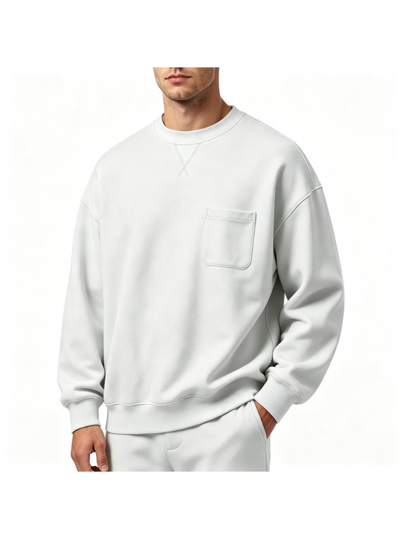 Mens Crew Neck Sweatshirt with Chest Pocket Relaxed Fit Long Sleeve Fall Casual Drop Shoulder Pullover Sweatshirts White XL