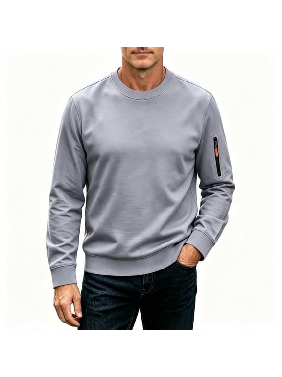 Mens Crewneck Sweatshirt Hoodless Midweight Long Sleeve Pullover Casual Top with Arm Zipper Pocket Gray 3XL
