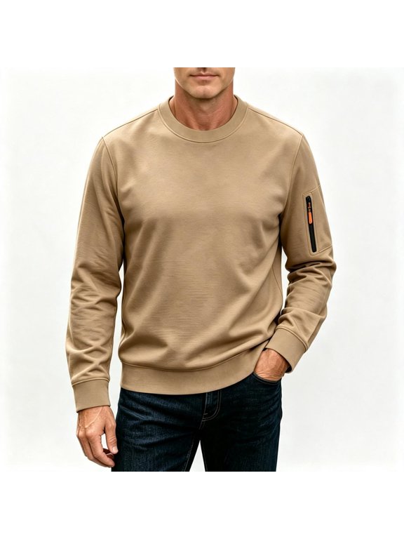 Mens Crewneck Sweatshirt Hoodless Midweight Long Sleeve Pullover Casual Top with Arm Zipper Pocket Khaki 3XL