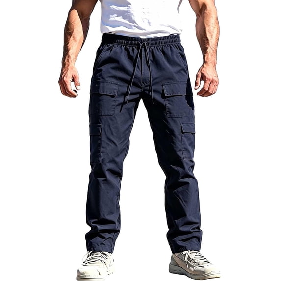 TKKCS Mens Elastic Waist Cargo Pants- Drawstring Outdoor Hiking Breathable Regular Fit Casual Straight Leg Pants with Mutli Pockets Dark Blue Size M