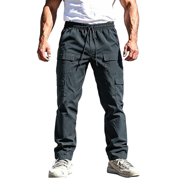 TKKCS Mens Elastic Waist Cargo Pants- Outdoor Hiking Drawstring Regular Fit Casual Breathable Straight Leg Pants with Mutli Pockets Dark Gray Size 3XL