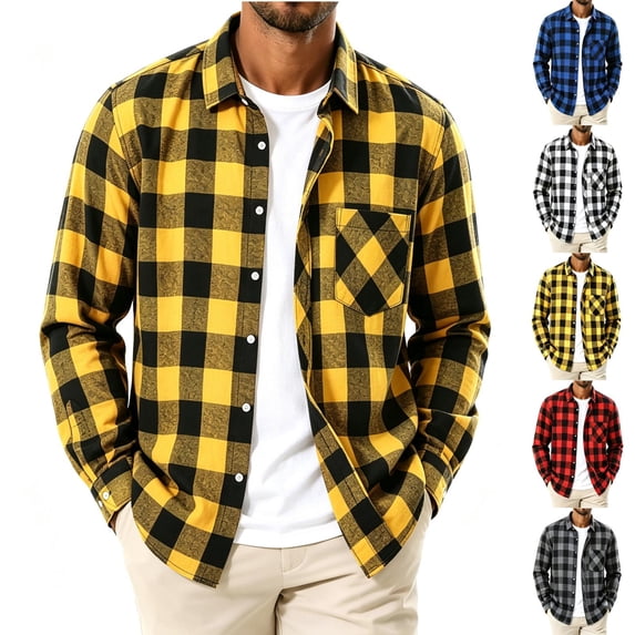TKKCS Mens Flannel Plaid Shirt Casual Collared Button Down Long Sleeve Checkered Shacket with Chest Pocket Yellow M