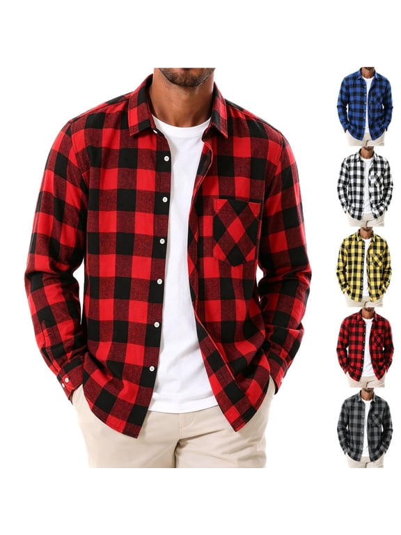 Mens Flannel Plaid Shirt Collared Casual Long Sleeve Button Down Checkered Shacket with Chest Pocket Red 3XL