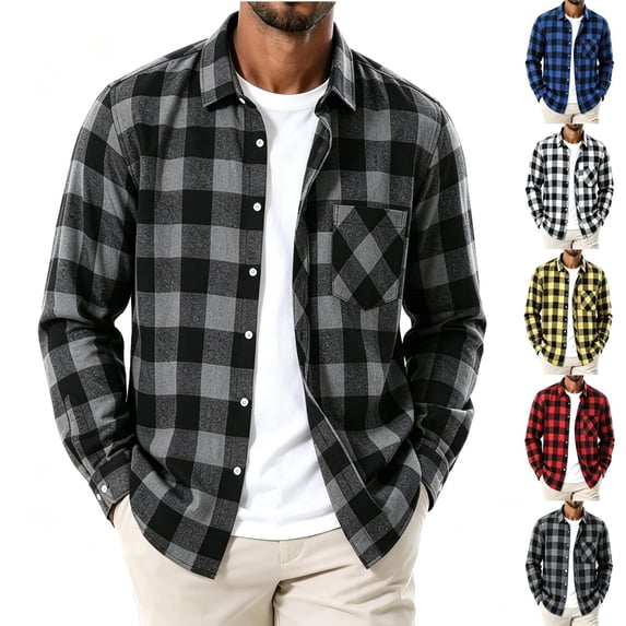TKKCS Mens Flannel Plaid Shirt Long Sleeve Casual Button Down Collared Checkered Shacket with Chest Pocket Black S