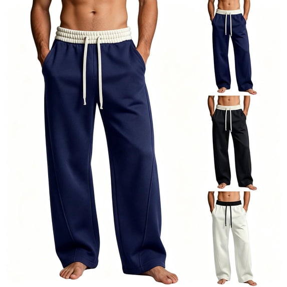 TKKCS Mens Fleece Baggy Sweatpants Loose Fit Straight Leg Loungewear Elastic Waist Drawstring Casual Pants Navy M