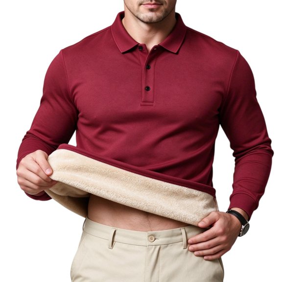 TKKCS Mens Fleece Lined Long Sleeve Polo Shirt Warm Regular Fit Turndown Collar Soft Stretch Casual Top Wine XL