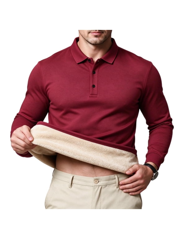 Mens Fleece Lined Long Sleeve Polo Shirt Warm Regular Fit Turndown Collar Soft Stretch Casual Top Wine XL