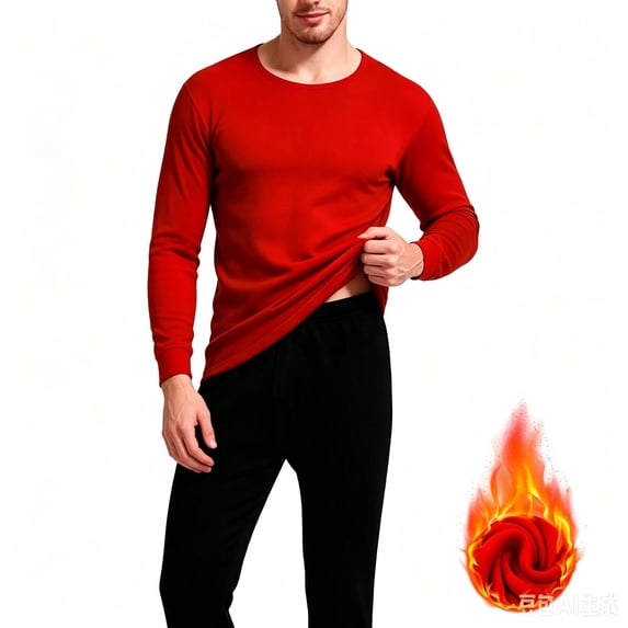 TKKCS Mens Fleece Lined Thermal Underwear Set Crew Neck Long Johns Top and Bottom Casual Soft Warm Winter Cold Weather Base Layer Set Red XL