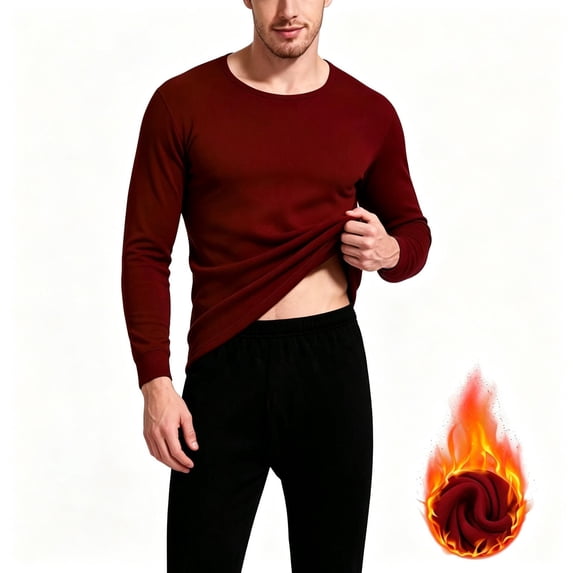 TKKCS Mens Fleece Lined Thermal Underwear Set Soft Warm Crew Neck Long Johns Top and Bottom Casual Winter Cold Weather Base Layer Set Wine 2XL