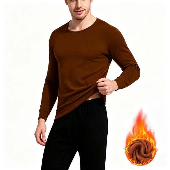 TKKCS Mens Fleece Lined Thermal Underwear Set Soft Warm Winter Cold Weather Casual Crew Neck Long Johns Top and Bottom Base Layer Set Brown XS