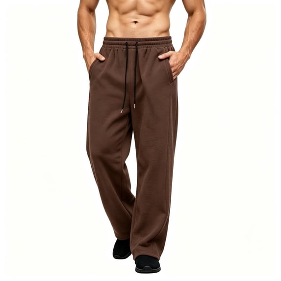 TKKCS Mens Fleece Straight Leg Sweatpants Elastic Waist Drawstring Casual Workout Open Bottom Loose Fit Lounge Pants with Deep Side Pockets Coffee XL