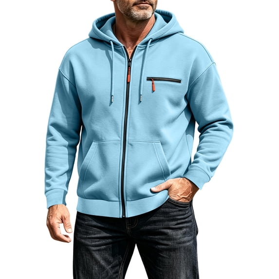 TKKCS Mens Full Zip Hoodie Casual Daily Midweight Regular Fit Long Sleeve Sweatshirt Jacket with Zipper Chest Pocket Sky Blue M