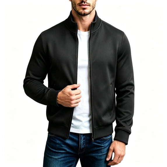 TKKCS Mens Full Zip Sweatshirt Hoodless Stand Collar Casual Long Sleeve Active Jacket with Side Pockets Black XL