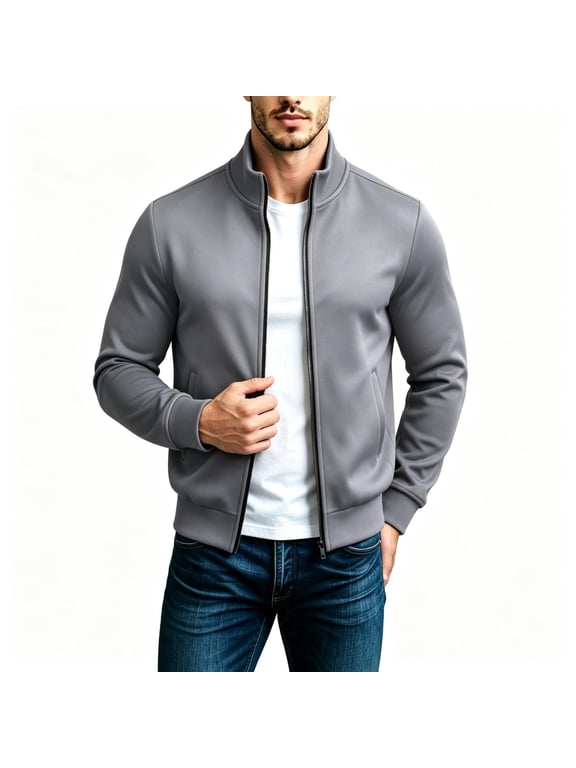 Mens Full Zip Sweatshirt Hoodless Stand Collar Casual Long Sleeve Active Jacket with Side Pockets Gray XL