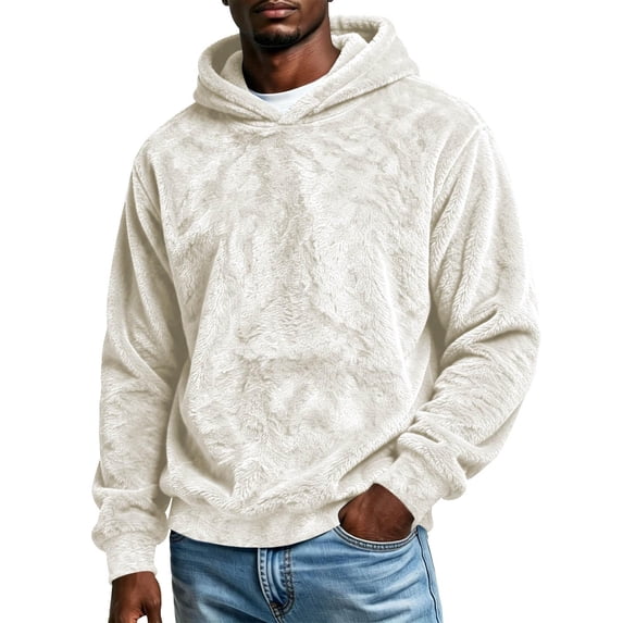 TKKCS Mens Fuzzy Fleece Pullover Hoodie Loose Fit Winter Warm Long Sleeve Soft Casual Hooded Sweatshirt White 3XL