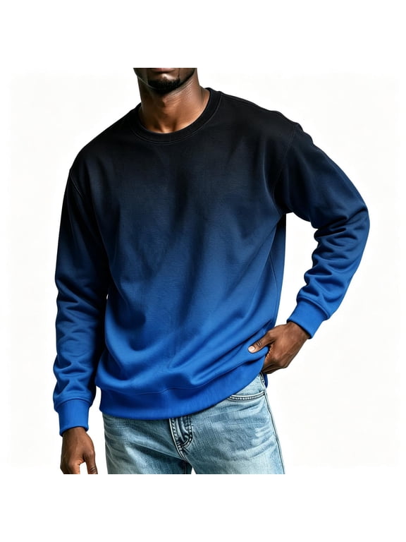Mens Gradient Crew Neck Sweatshirt Long Sleeve Fashion Casual Loose Fit Pullover Hoodless Sweatshirts Blue M
