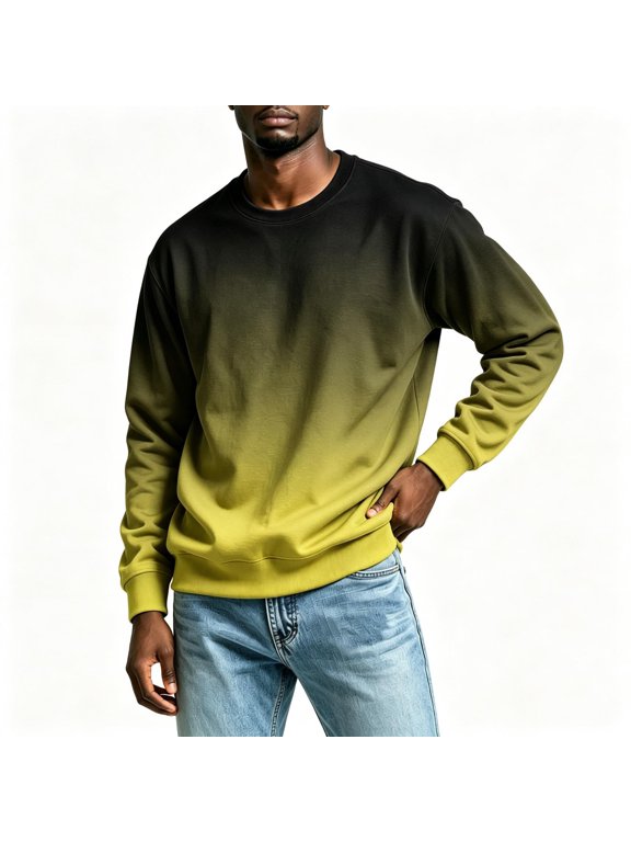 Mens Gradient Crew Neck Sweatshirt Long Sleeve Loose Fit Pullover Fashion Casual Hoodless Sweatshirts Yellow L