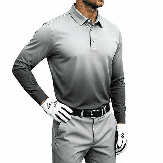 TKKCS Mens Gradient Long Sleeve Polo Shirts- Regular Fit Casual Stretch Lightweight Golf Shirts Gray Size 5XL