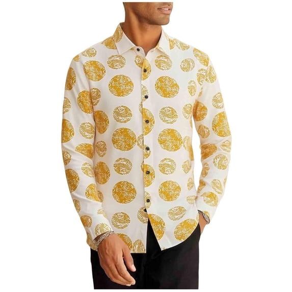 TKKCS Mens Graphic Button Down Shirts- Casual Lightweight Stretch Vacation Regular Fit Long Sleeve Shirts Yellow Size XL