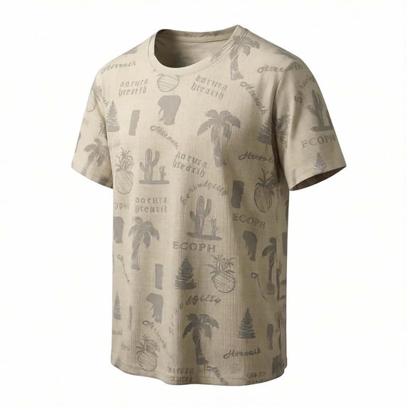 TKKCS Mens Graphic Crew Neck T-Shirt- Tropical Print Daily Wear Lightweight Breathable Summer Casual Short Sleeve Tees Khaki Size XS