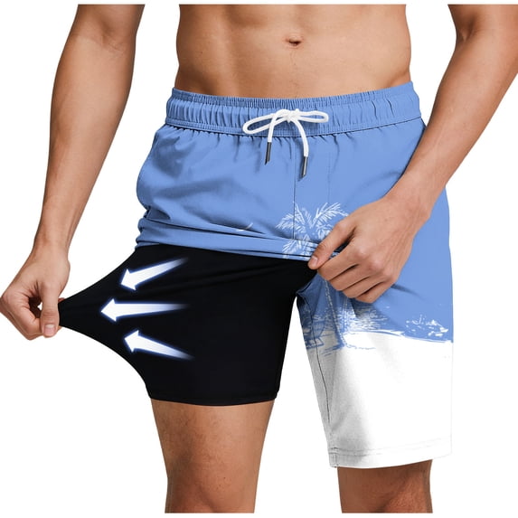 TKKCS Mens Graphic Swim Trunks With Compression Liner- Elastic Drawstring Waist Summer Casual Vacation Lightweight Quick Dry Beach Board Shorts With Pockets Sky Blue Size 3XL