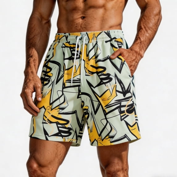 TKKCS Mens Graphic Swim Trunks- Drawstring Breathable Quick Dry Lightweight Vacation Casual Elastic Waist Beach Board Shorts White Size L