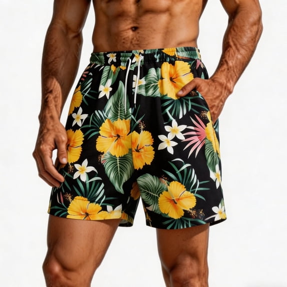 TKKCS Mens Graphic Swim Trunks- Casual Drawstring Elastic Waist Vacation Quick Dry Lightweight Breathable Beach Board Shorts Black Size 2XL