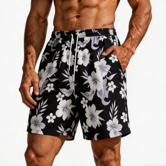 TKKCS Mens Graphic Swim Trunks- Breathable Quick Dry Lightweight Casual Drawstring Elastic Waist Vacation Beach Board Shorts Black Size M