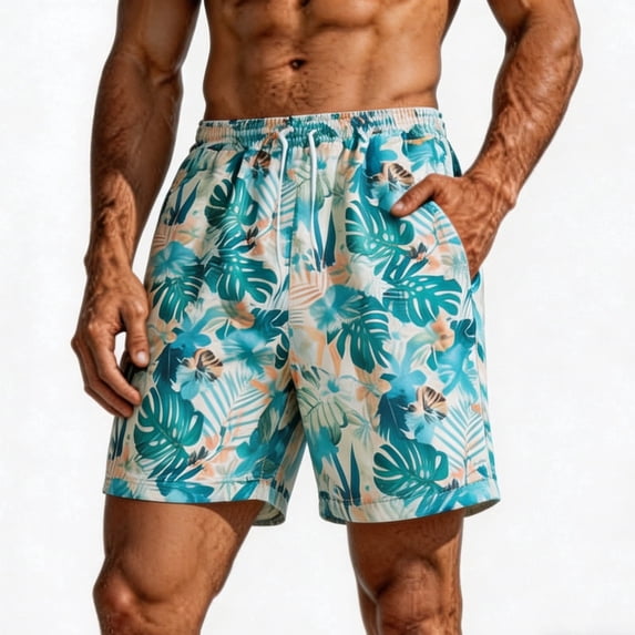 TKKCS Mens Graphic Swim Trunks- Quick Dry Vacation Lightweight Elastic Waist Drawstring Breathable Casual Beach Board Shorts Light Blue Size 3XL