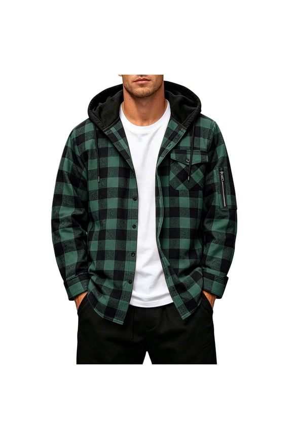 Mens Hooded Plaid Flannel Shackets- Button Down Fall Winter Daily Wear Long Sleeve Buttons and Zipper Pockets Casual Shirt Jackets Army Green Size M