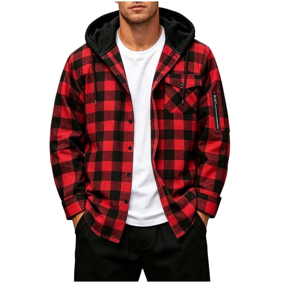 TKKCS Mens Hooded Plaid Flannel Shackets- Daily Wear Long Sleeve Buttons and Zipper Pockets Button Down Fall Winter Casual Shirt Jackets Red Size L