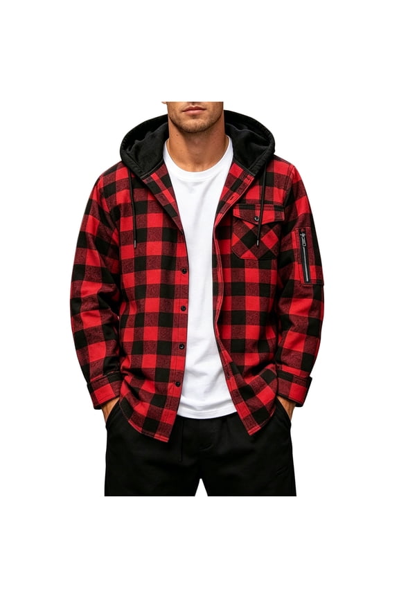 Mens Hooded Plaid Flannel Shackets- Daily Wear Long Sleeve Buttons and Zipper Pockets Button Down Fall Winter Casual Shirt Jackets Red Size L