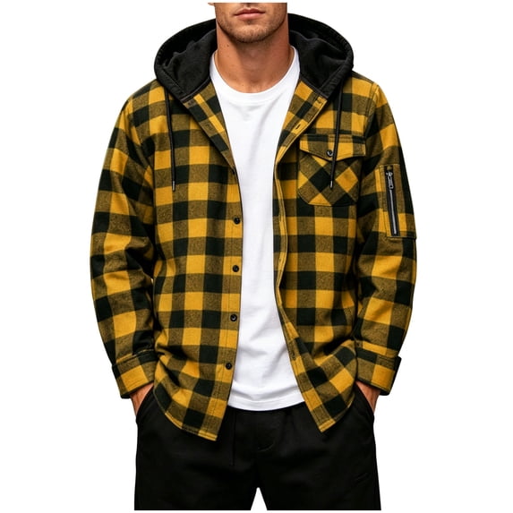 TKKCS Mens Hooded Plaid Flannel Shackets- Long Sleeve Buttons and Zipper Pockets Button Down Daily Wear Fall Winter Casual Shirt Jackets Yellow Size S