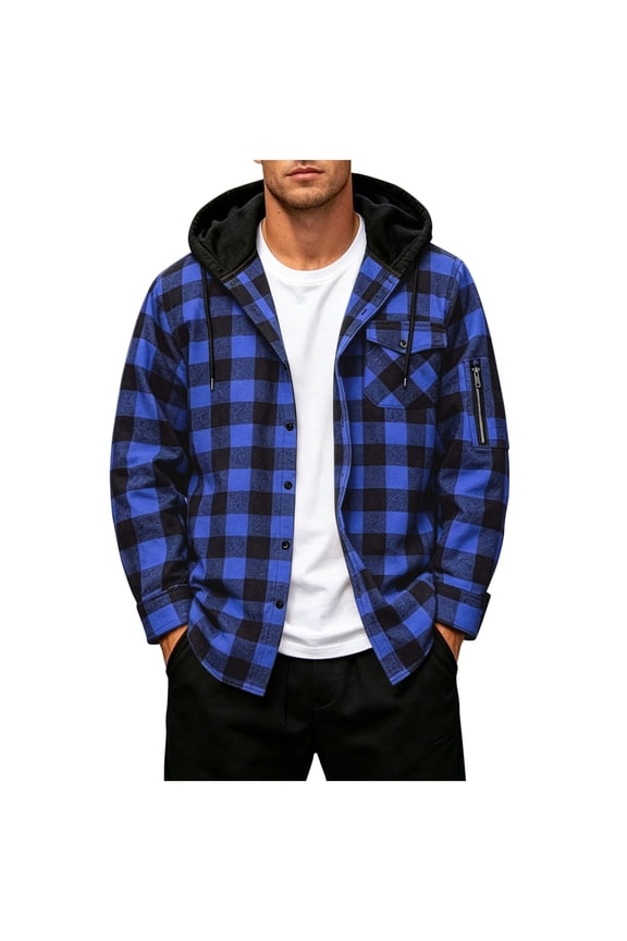 Mens Hooded Plaid Flannel Shackets- Long Sleeve Buttons and Zipper Pockets Daily Wear Fall Winter Button Down Casual Shirt Jackets Blue Size S