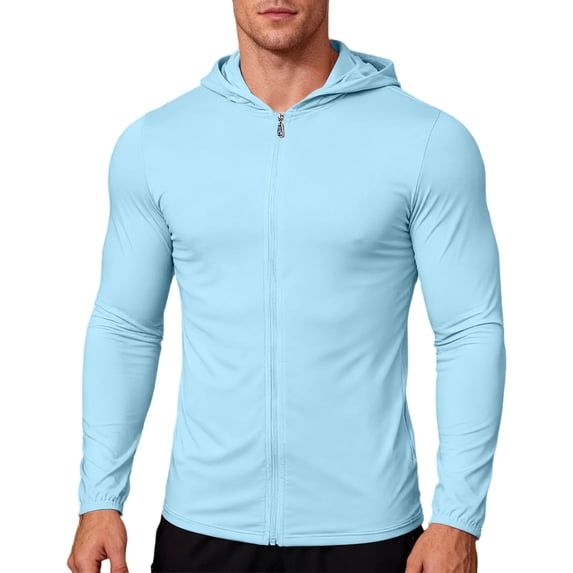 TKKCS Mens Hooded Sun Protection Jackets- Outdoor Lightweight Fishing Hiking Zip Up Jackets Light Blue Size M