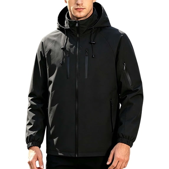 TKKCS Mens Hooded Windbreaker Jacket- Drawstring Full Zip Waterproof Long Sleeve Outdoor Shell Jacket with Zipper Pockets Black Size M
