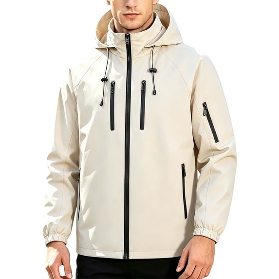 TKKCS Mens Hooded Windbreaker Jacket- Full Zip Waterproof Drawstring Long Sleeve Outdoor Shell Jacket with Zipper Pockets White Size 2XL