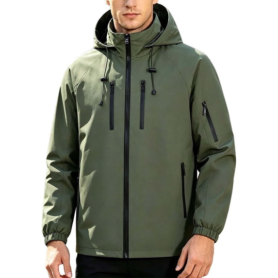 TKKCS Mens Hooded Windbreaker Jacket- Long Sleeve Full Zip Drawstring Waterproof Outdoor Shell Jacket with Zipper Pockets Army Green Size XL