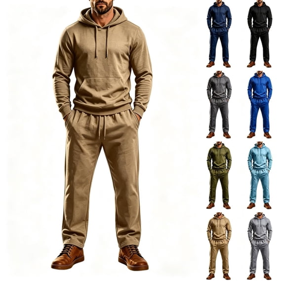 TKKCS Mens Hoodie Sweatsuit Set Drawstring Long Sleeve Sweatshirts and Straight Sweatpants Casual Athletic Pullover 2 Piece Outfit Khaki L