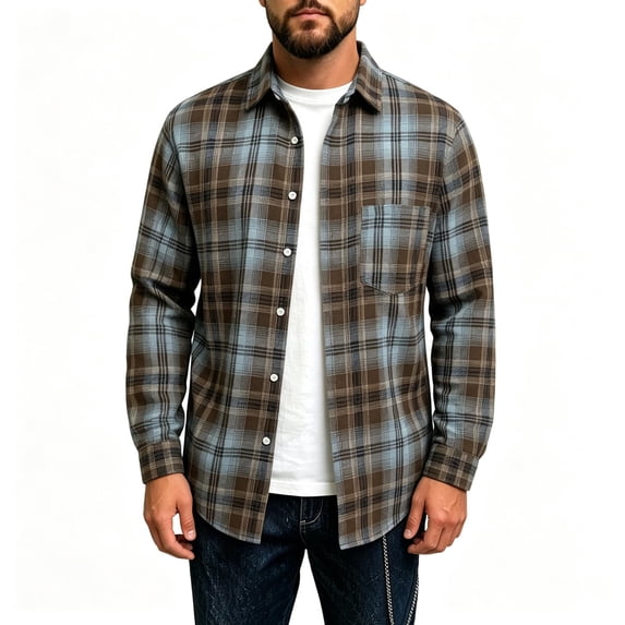 TKKCS Mens Long Sleeve Plaid Button Down Shirts- Casual Midweight Layering Turn Down Collar Flannel Jacket Shirt Brown Size S