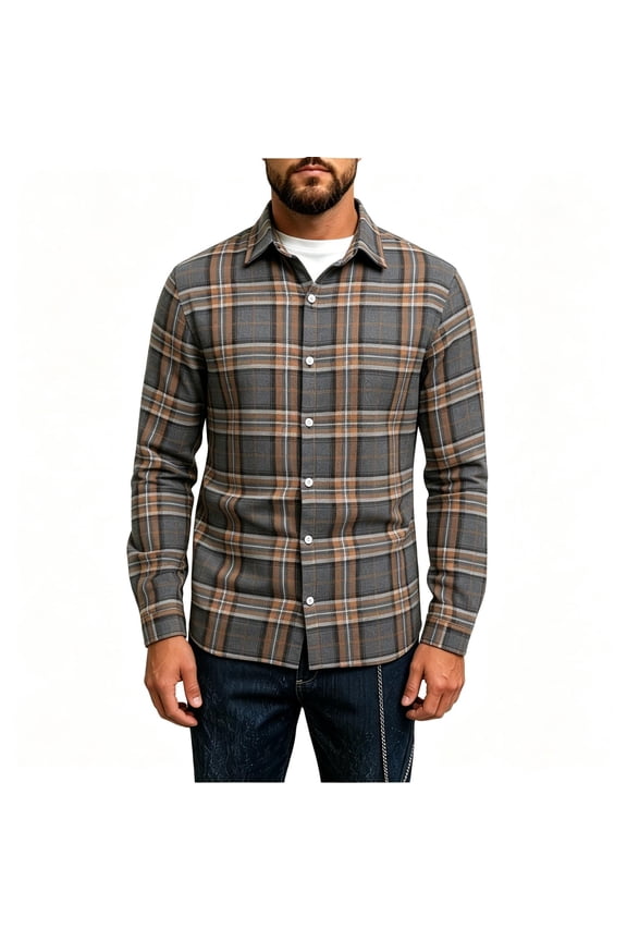 Mens Long Sleeve Plaid Button Down Shirts- Casual Midweight Turn Down Collar Layering Flannel Jacket Shirt Gray Size M
