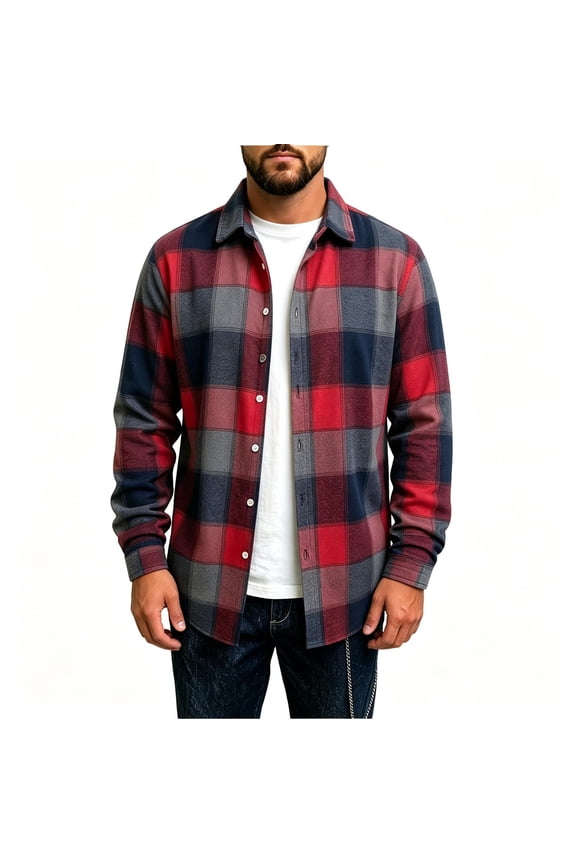 Mens Long Sleeve Plaid Button Down Shirts- Layering Casual Midweight Turn Down Collar Flannel Jacket Shirt Red Size S