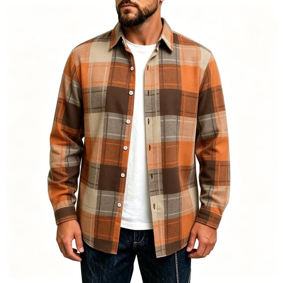 TKKCS Mens Long Sleeve Plaid Button Down Shirts- Layering Casual Turn Down Collar Midweight Flannel Jacket Shirt Orange Size 2XL